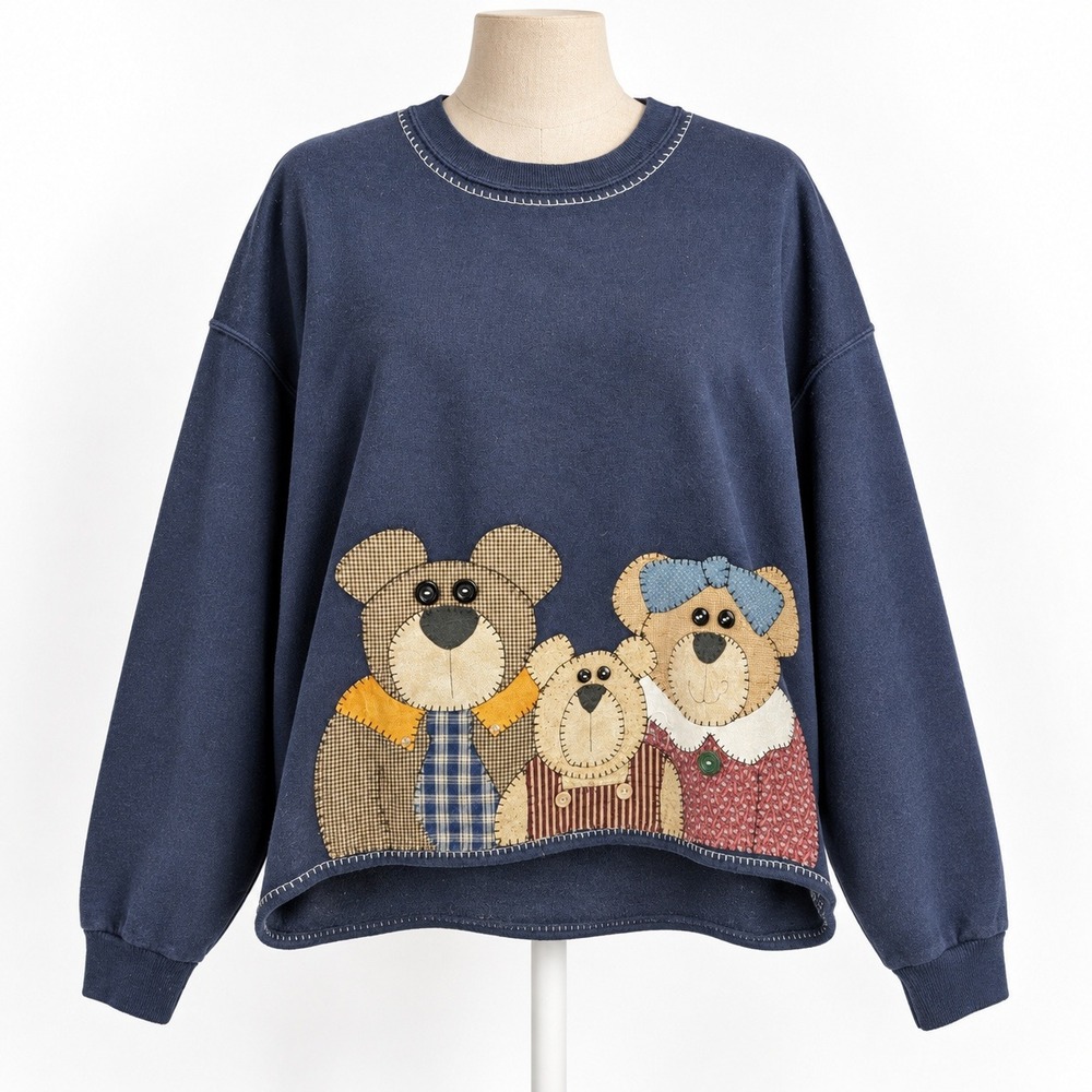 Vintage 90s Teddy Bear Patchwork Sweatshirt XL Blue Quilted Cottagecore Granny